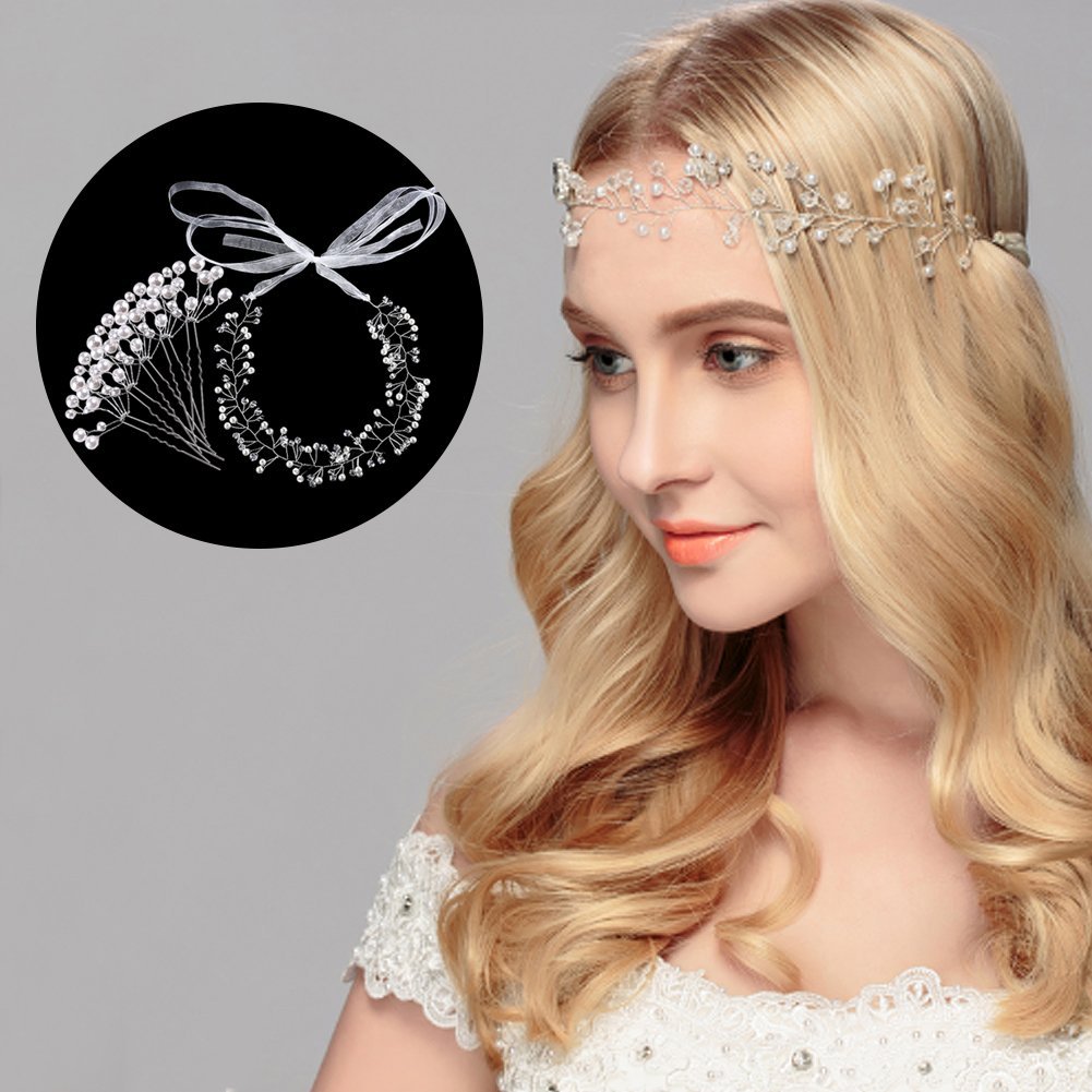 6 pcs Wedding Hair Accessories, Bridal Pearl Headband, Crystal Rhinestone Hair Wreath with Wedding Hair Pins for Bride and Bridesmaids