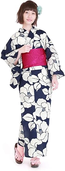 Amazon ソウビエン 浴衣セット レディース レトロ Bonheur Saisons ボヌールセゾン 紺色 ネイビー 大柄椿 ツバキ モダン 花柄 綿 女性 夏祭り 花火大会 浴衣 通販