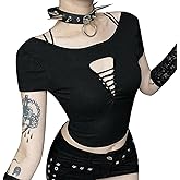 Kisswow Women’s Gothic Spider Web Crop Top – Black Punk Rock Slim Fit T-Shirt Backless Going Out Tops for Women