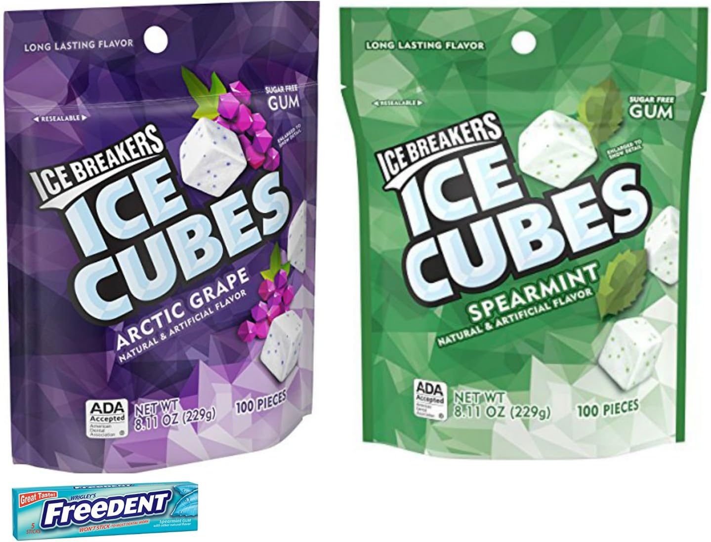 Ice Breakers Ice Cubes Large Variety Pack. Spearmint and Arctic Grape. Convenient One-Stop Shopping for Popular Icebreaker Gum. Easy to Source With 1 Click. Snacking Heaven! Includes Freedent Sample.