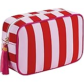 RSRSLEII Large Stripe Canvas Zipper Makeup Bag,Aesthetic Tassel Travel Cosmetic Bag,Coquette Toiletry Bag, Girls Handbags Purses,Accessories Storage Bag for Women Girls (Red)