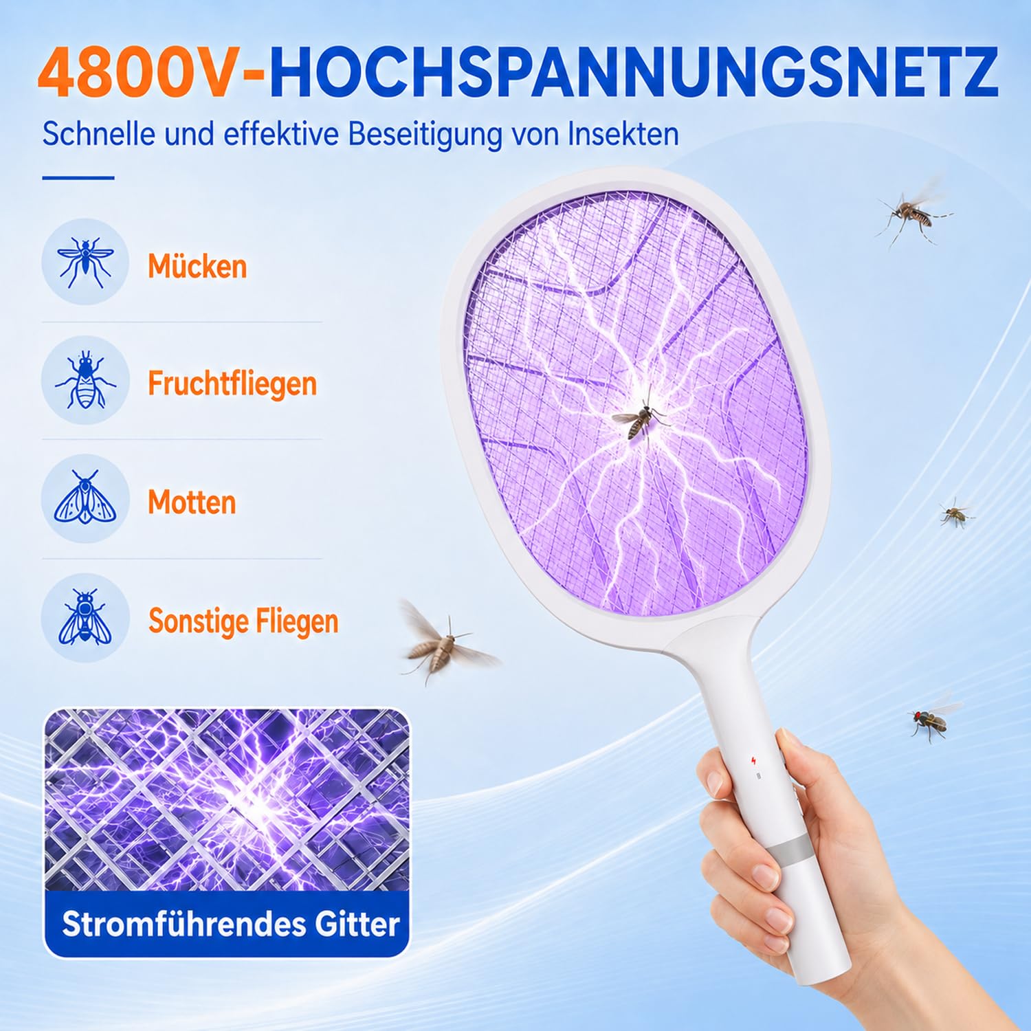 Elektrische Fliegenklatsche: 4800V Fliegenklatsche Elektrisch mit UV Lichtfalle, 2 in 1 USB mit 2000 mAh Akku Aufladbar Abnehmbar Elektro Mückenklatsche mit Ladestation, für Mücken-One 2