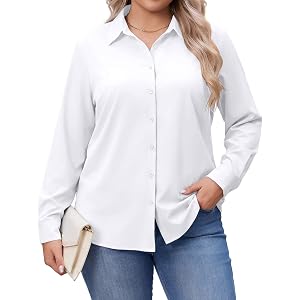 IN'VOLAND Women Plus Size Button Down Shirts Long Sleeve Shirt Office Tops | Stretch Dress Shirts,Wrinkle Free Shirt,Button U