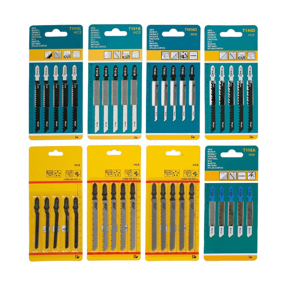 Set of 40 Jigsaw Blades T118A/ T111C/ T101B/ T101AO/ T119BO/ T101D/ T144D/ T101BR with Storage Case for Wood, Plastic and Metal Cutting