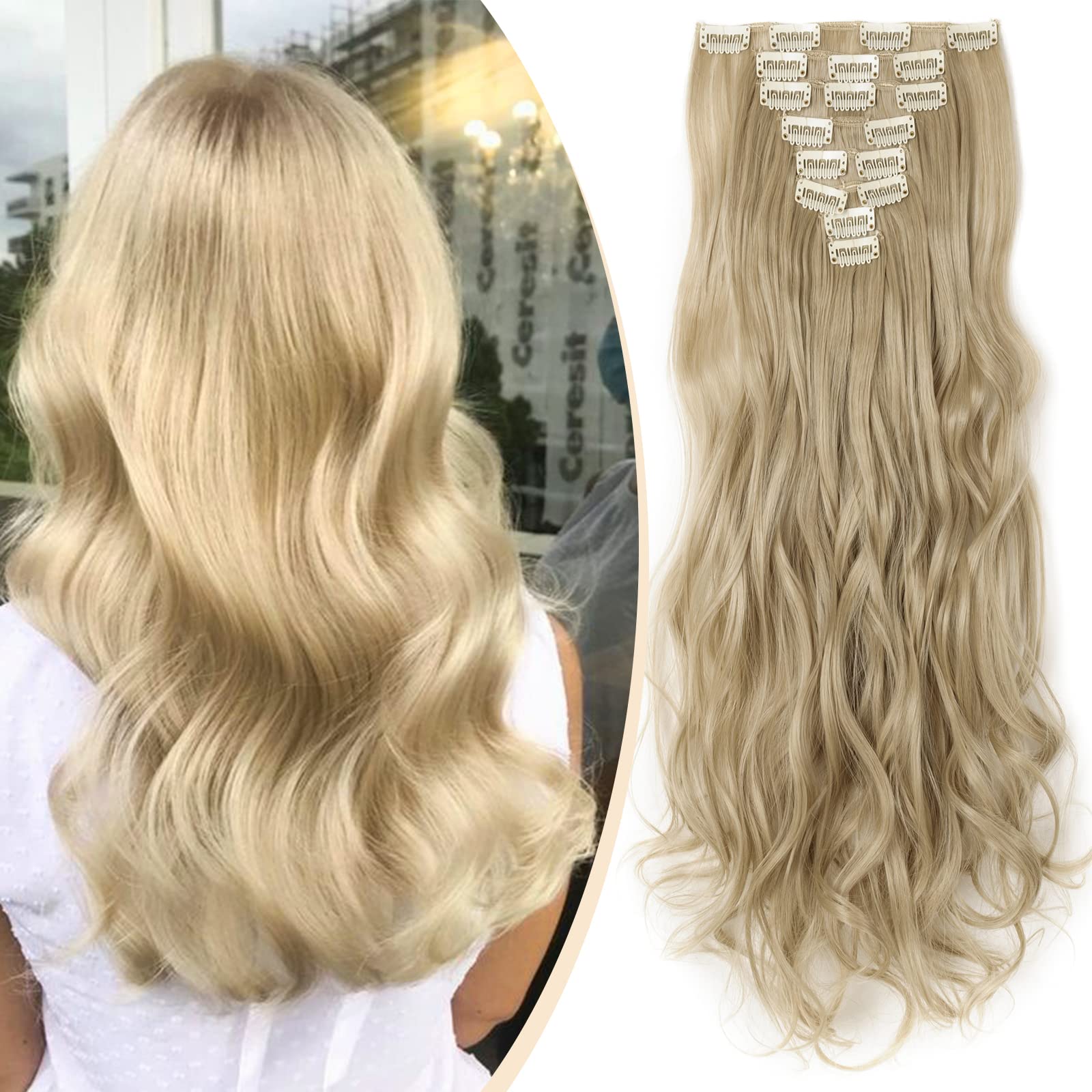 S-noilite- Hot Fashion 17" Curly Clip in Hair Extensions Full Head 8Pcs Hairpiece (17" Curly, Ash Blonde mix Bleach Blonde)