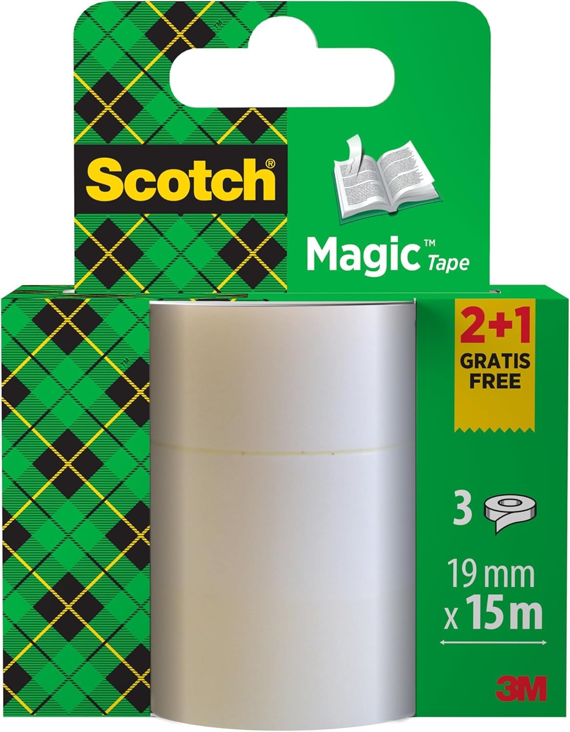 Scotch Magic Tape, Promo Pack, 2 Rolls + 1 FREE, 19 mm x 15 m - General Purpose Sticky Tape for Document Repair, Labelling & Sealing