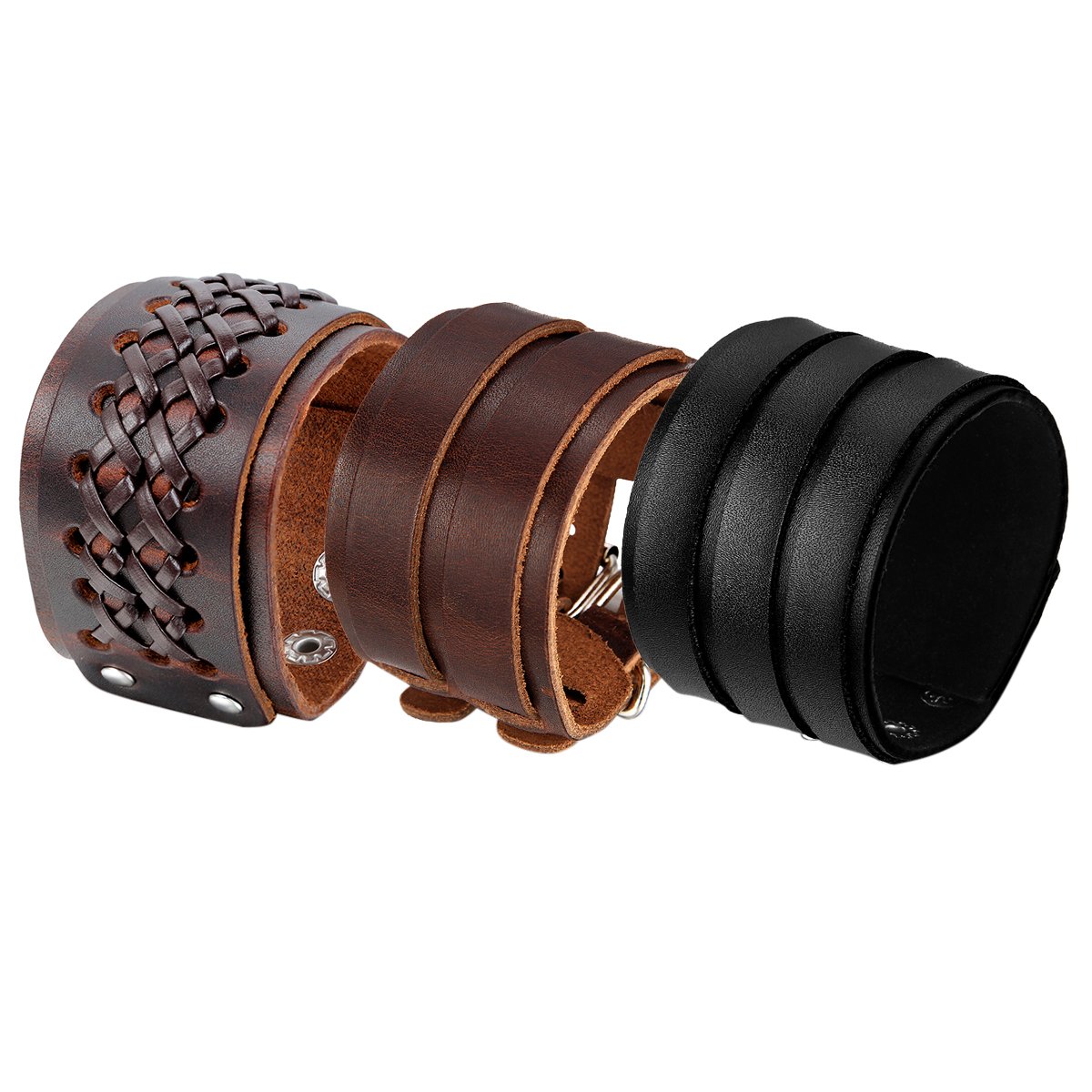 Oidea 3pcs Adjustable Size Mens Gothic Cool Leather Bangle Cuff Wristband Bracelet,fit for 7 to 9 Inch