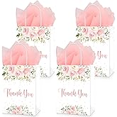 QIELSER 30 Pcs Thank You Gift Bags with Tissue Paper Floral Design Thank You Bags with Handle for Retail Shopping, Wedding, Baby Shower, Holiday, Party Favors, 8.3x6x3.2 in