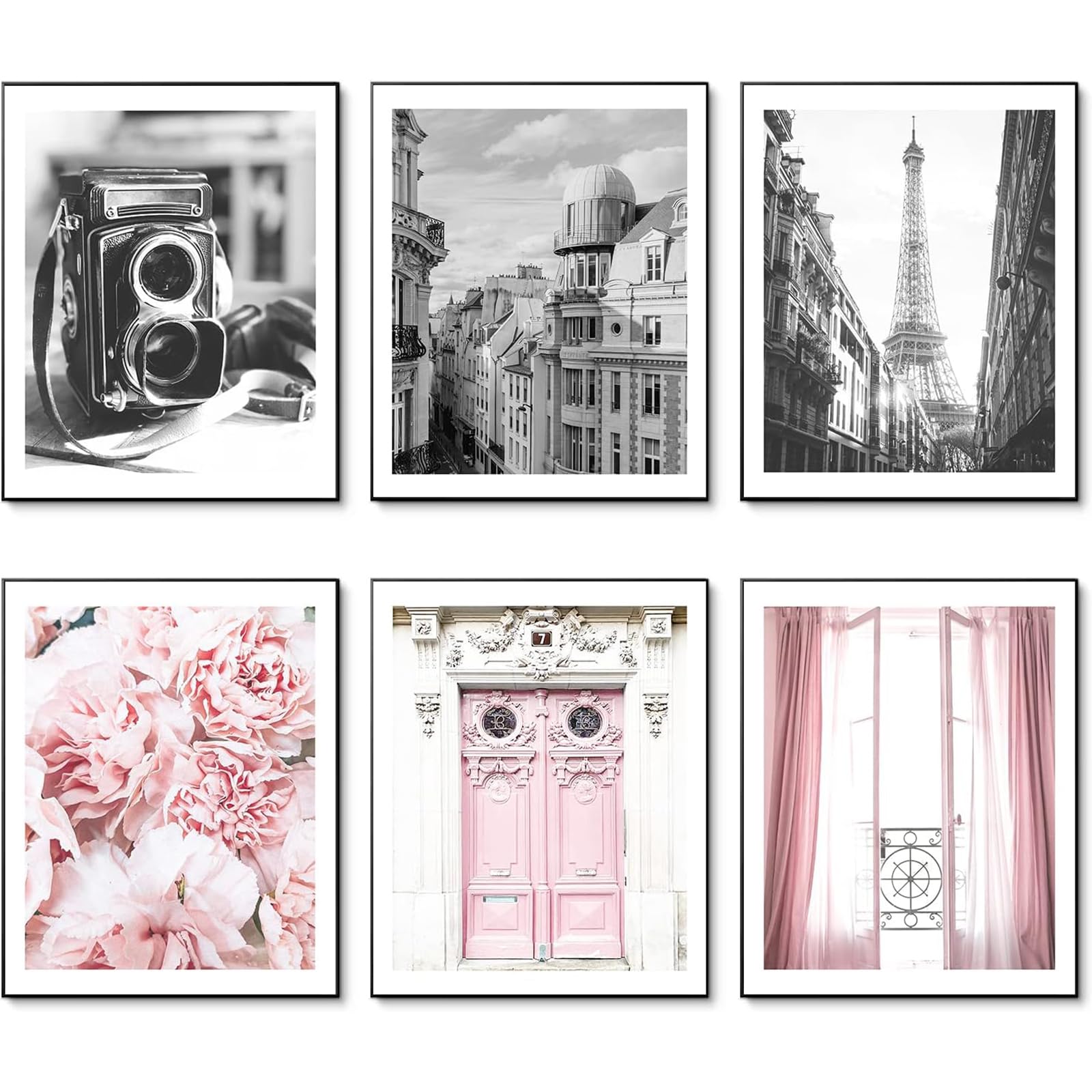 HoozGee Vintage Fashion Paris Wall Art Prints Black and White Canvas Poster Eiffel Tower Pink Flower Doors Windows Pictures Photos Wall Decor for Office Bedroom Living Room (11"x14" UNFRAMED) — image 1