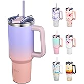 THILY 40 oz Stainless Steel Tumbler with Handle - Vacuum Insulated Travel Cup, Splash-Proof & Leakproof Lid, 2 Straws & Brush | Keeps Cold 34H/Hot 12H, Cupholder Friendly, Lavender Dream