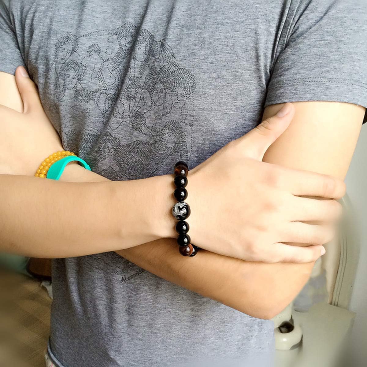 Mecool Obsidian Stretch Bracelet Round Gold Stretch Obsidian Bracelets 16mm Beads, Red Black-16mm, 9 5 inch - Image 4