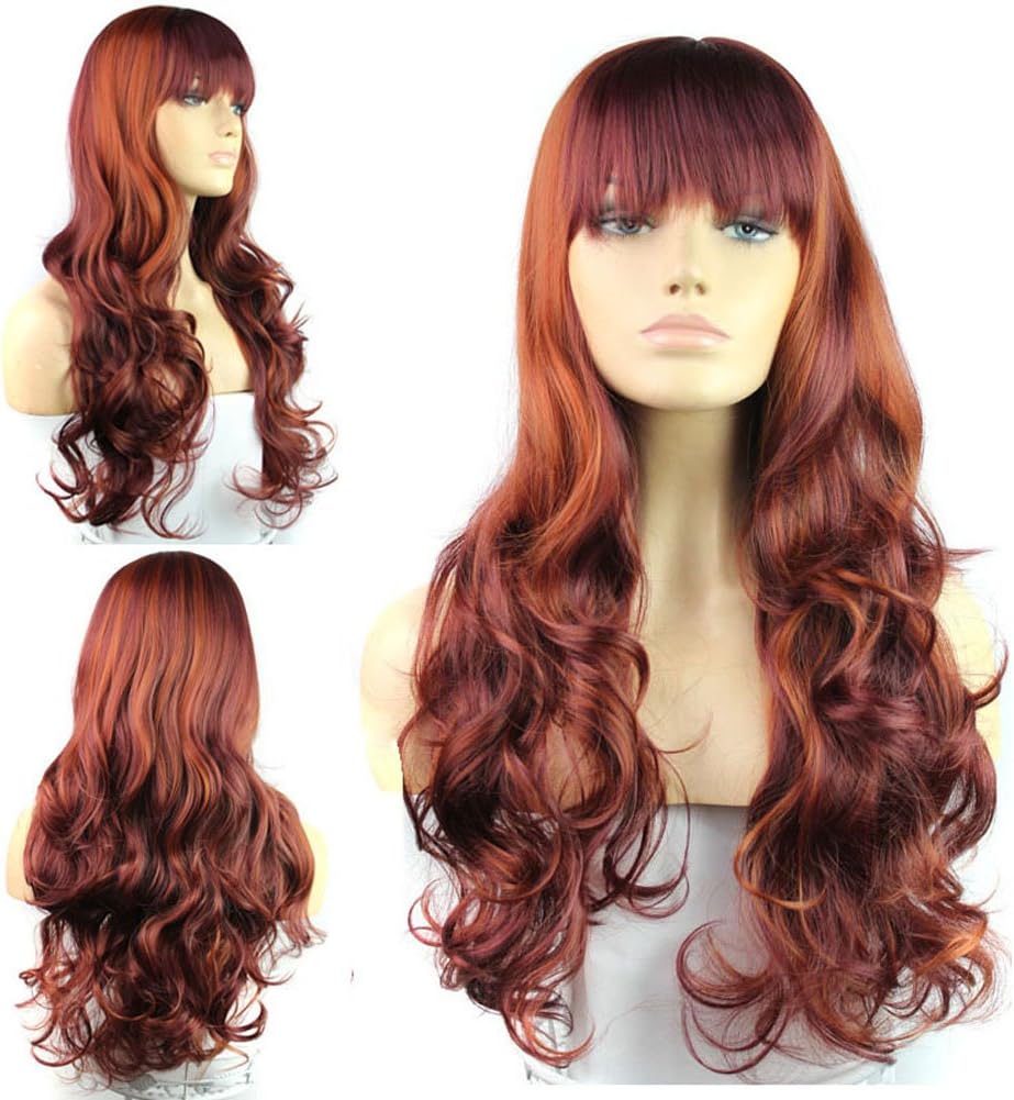 Women Long Natural Wave Synthetic Hair Wig Full Cap Cosplay Party Wigs with Bangs Burgundly 60cm