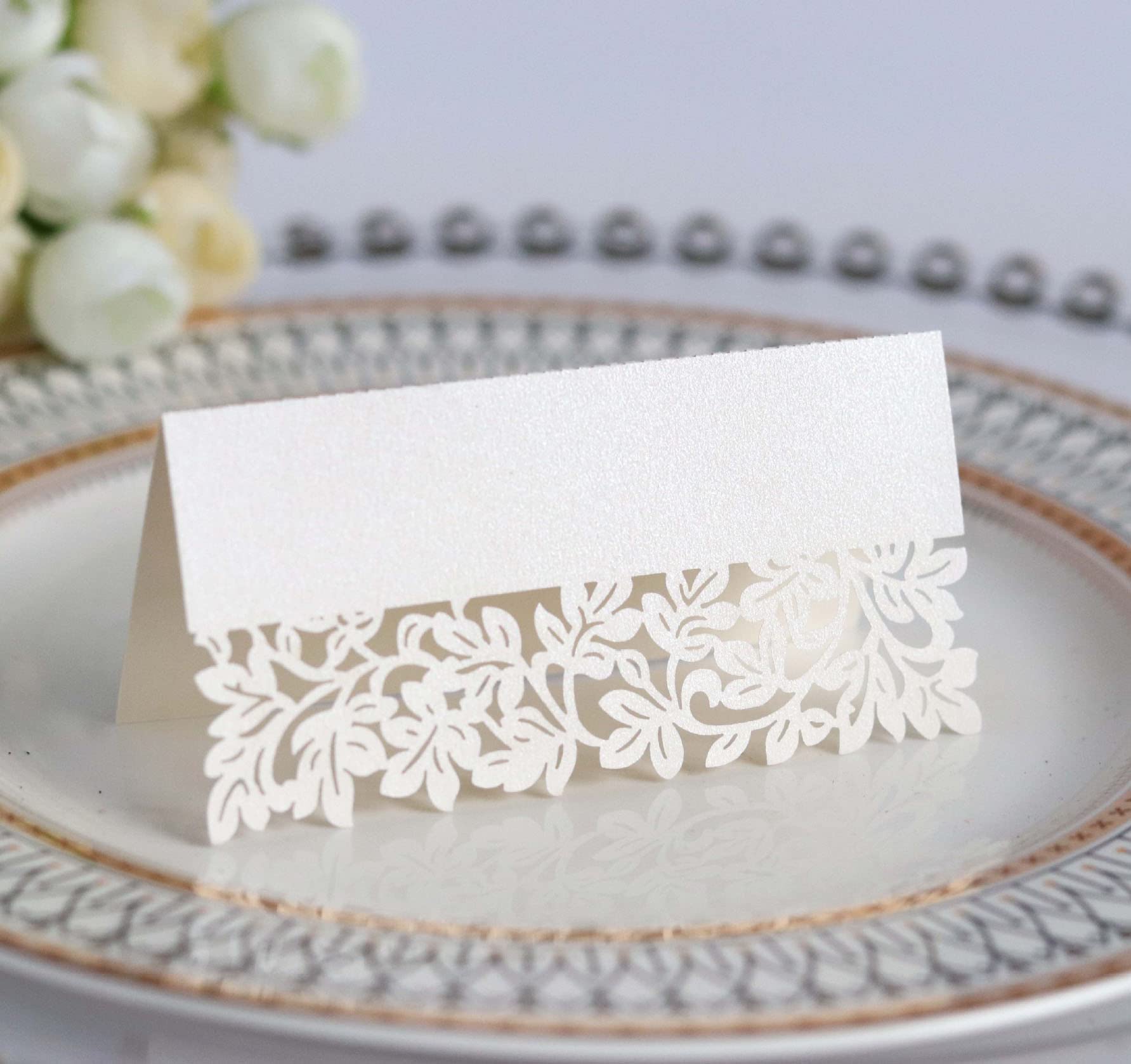 BigTree 60 Pieces White Place Cards Name Table Foldable Dinner Hollow Seat Greeting Number Card Writable Printable for Wedding Easter Xmas Birthday Party Decoration