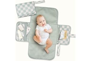 Tiny Twinkle Portable Diaper Changing Pad | Waterproof, Wipeable & Compact Baby Changing Pad for Travel | Smart Wipes Pocket & Organized Storage| Newborn Shower Gift (Sage Checkers)