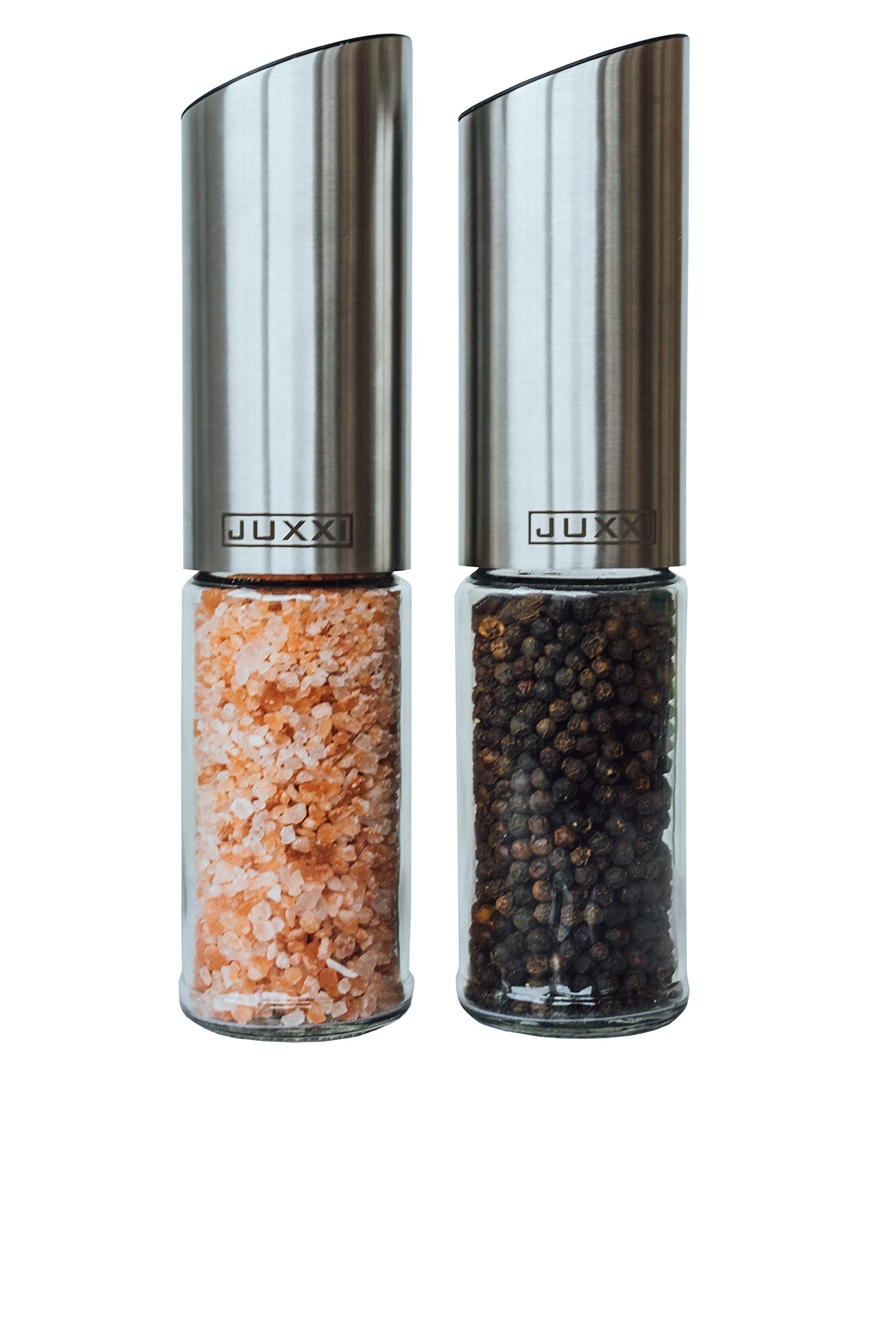 Juxxi Professional Rechargeable Automatic Seasoning Mills - Set of 2 Easy to Use Adjustable and Refillable Gravity Operated Stainless Steel Electric Salt and Pepper Grinders with Glass Jars - Gift Set