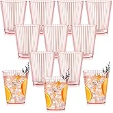 12 PCS Plastic Ribbed Drinking Glasses Pink 10oz Unbreakable Vintage Ripple Stemless Wine Glasses Cocktail Tumbler Glass Cups Disposable Retro Glasses Drinkware for Valentine Baby Shower Wedding
