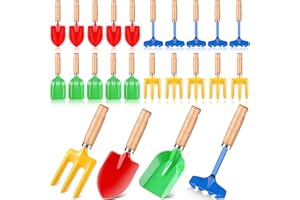 MOTIONCHIC 24 Pcs Kids Gardening Tools Metal Garden Beach Sandbox Digging Toys Including Shovel, Rake, Fork and Trowel, Garden Beach Sand Tools with Wooden Handle Hoe for Children Gift Outdoor Gardening