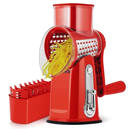 Rotary Cheese Grater,Vegetable Slicer with 5 Interchangeable Blades,Strong Suction Base,Rotary Drum Grater&Food Shredder for Kitchen,with Blade Storage Box-Ideal for Cheese,Potato,Carrot,Nut