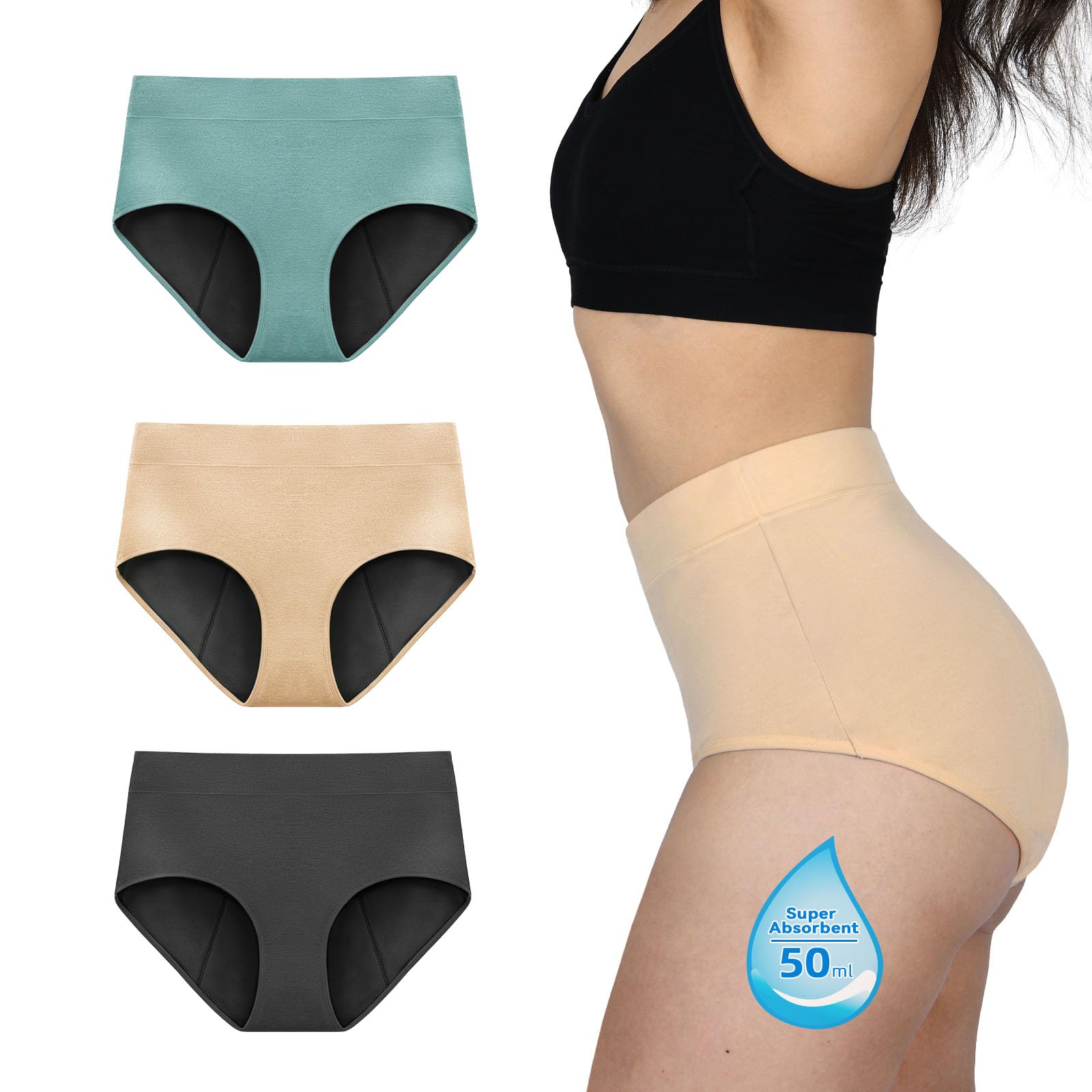 TIICHOO Period Pants for Women Washable Incontinence Pants Women Heavy Flow 3 Pack(XS, Turquoise/Charcoal Gray/Beige)