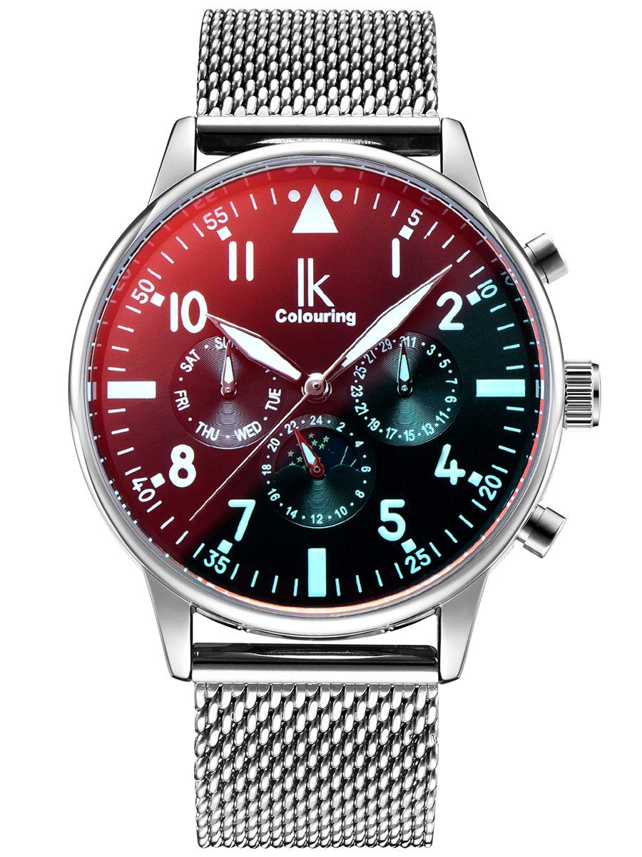 Alienwork Automatic Men's Watch Silver Metal Mesh Strap Calendar Date Black