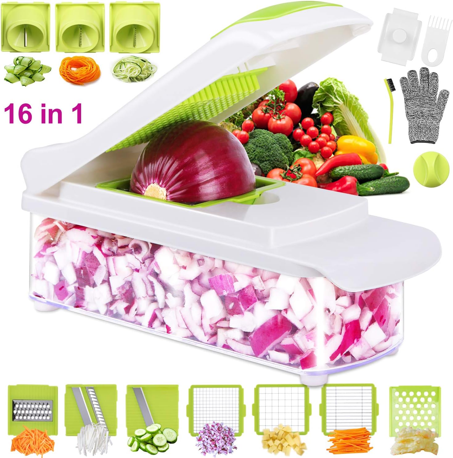 Aieruma 16 in 1 Food Cutter Vegetable Cutter Food Slicer Vegetable Chopper Mandoline Slicer Fruit Dicer Onion Chopper Cutter Veggie Spiralizer Zoodle Maker Potato Dicer Julienne Grater Salad Maker