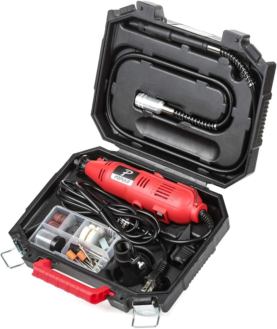 Populo High Performance Rotary Tool Kit with 107 Accessories, 3 Attachments, Variable Speed, Flex Shaft and Universal Collet for Abrasive, Polish, Cutting, Engraving, Drilling and Crafting DIY Project - - 