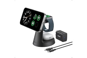 Anker MagSafe Charger Compatible, MagGo 3-in-1 Charging Station, Nano Charging Stand, Qi2 Certified 15W Magnetic Wireless Charger Dock, for iPhone17/16/15/14, Apple Watch,AirPods (Adapter Included)