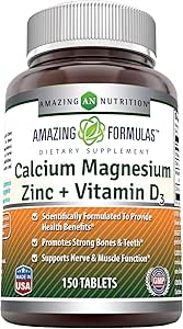 Amazing Formulas Calcium Magnesium Zinc + D3-Tablets (Non-GMO,Gluten Free) (Calcium 1000mg - Magnesium 400mg - Zinc 25mg Plus Vitamin D3 600 IU - Per Serving of 3 Tablets) (150 Count)
