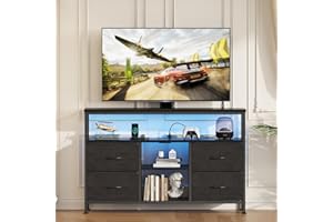 Sweetcrispy TV Stand Dresser for Bedroom 4 Drawers Entertainment Center with LED Lights and Power Outlets Media Console for 50 Inch TV Living Room Furniture with Open Shelf Adjustable Feet, Black