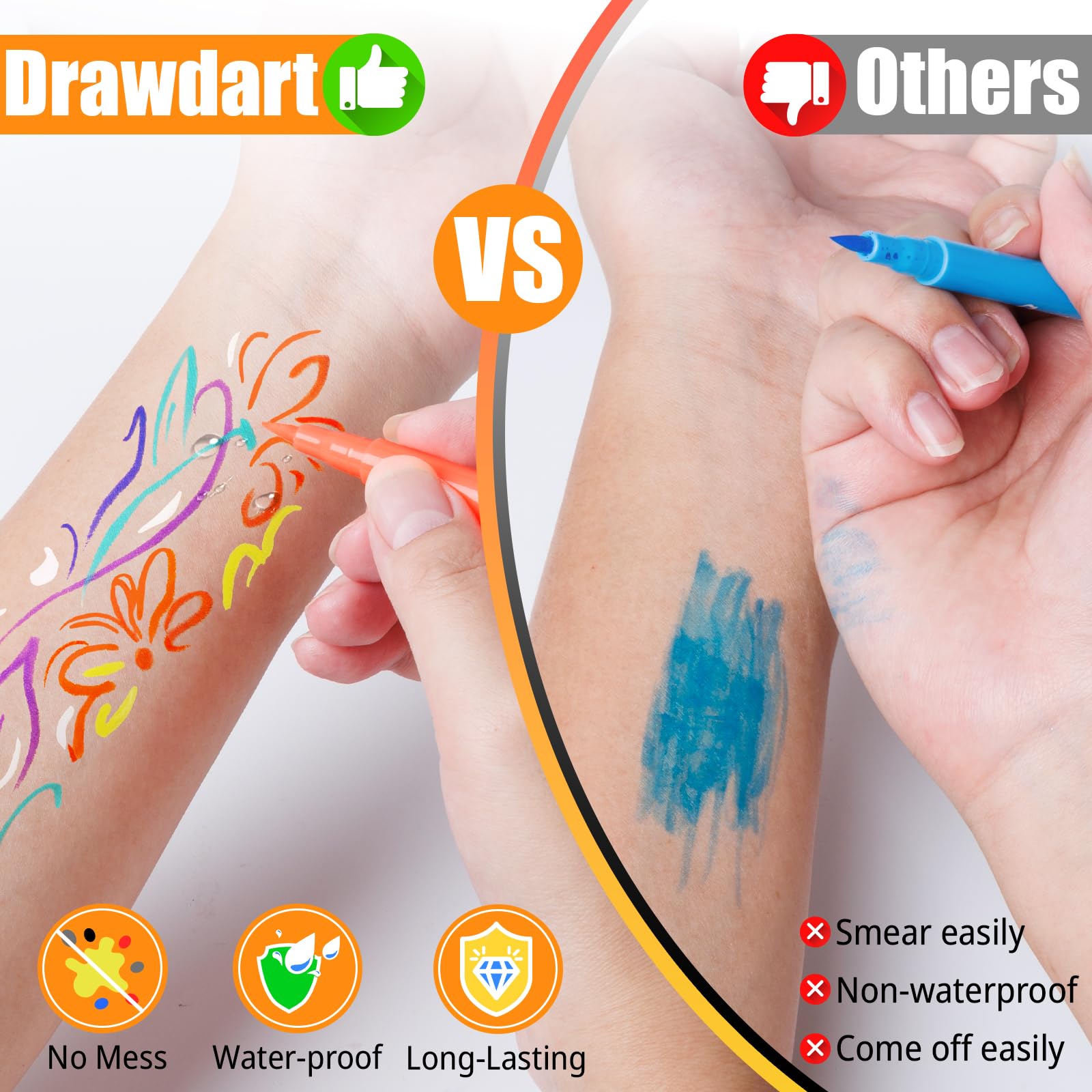 18 Colors Face Painting Markers - Water Resistant, Sweatproof, Waterproof Tattoo Pen for Halloween Body Paint - Anti-Smudge for Party, Kids, Adults