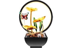 Tabletop Water Fountain Indoor, USB Powered 11" Table Waterfall Fountain with Rocks, Metal Artificial Flower & Leaves, Ambien