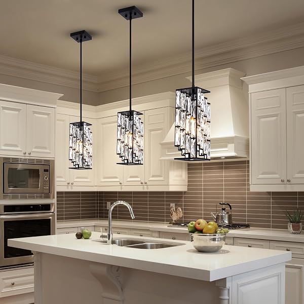 BESYTAL CRYSTAL PENDANT LIGHTS KITCHEN ISLAND 2 PACK, MODERN BLACK CHANDELIER HEIGHT ADJUSTABLE, HANGING LIGHTS FOR KITCHEN ISLAND DINING ROOM BEDROOM