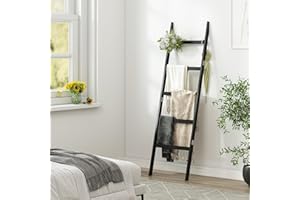 Mafalion Bamboo Blanket Ladder Shelf Black for Bathroom 5-Tier Ladder Holder Organizer for Bedroom Towel Ladder Shelf Towel L