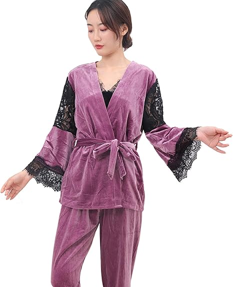 Amazon Co Jp 女性のスリーピースパジャマセクシーな秋と冬のナイトガウン厚くスリングレースの家庭用服快適なホームパーティー服 ホーム キッチン