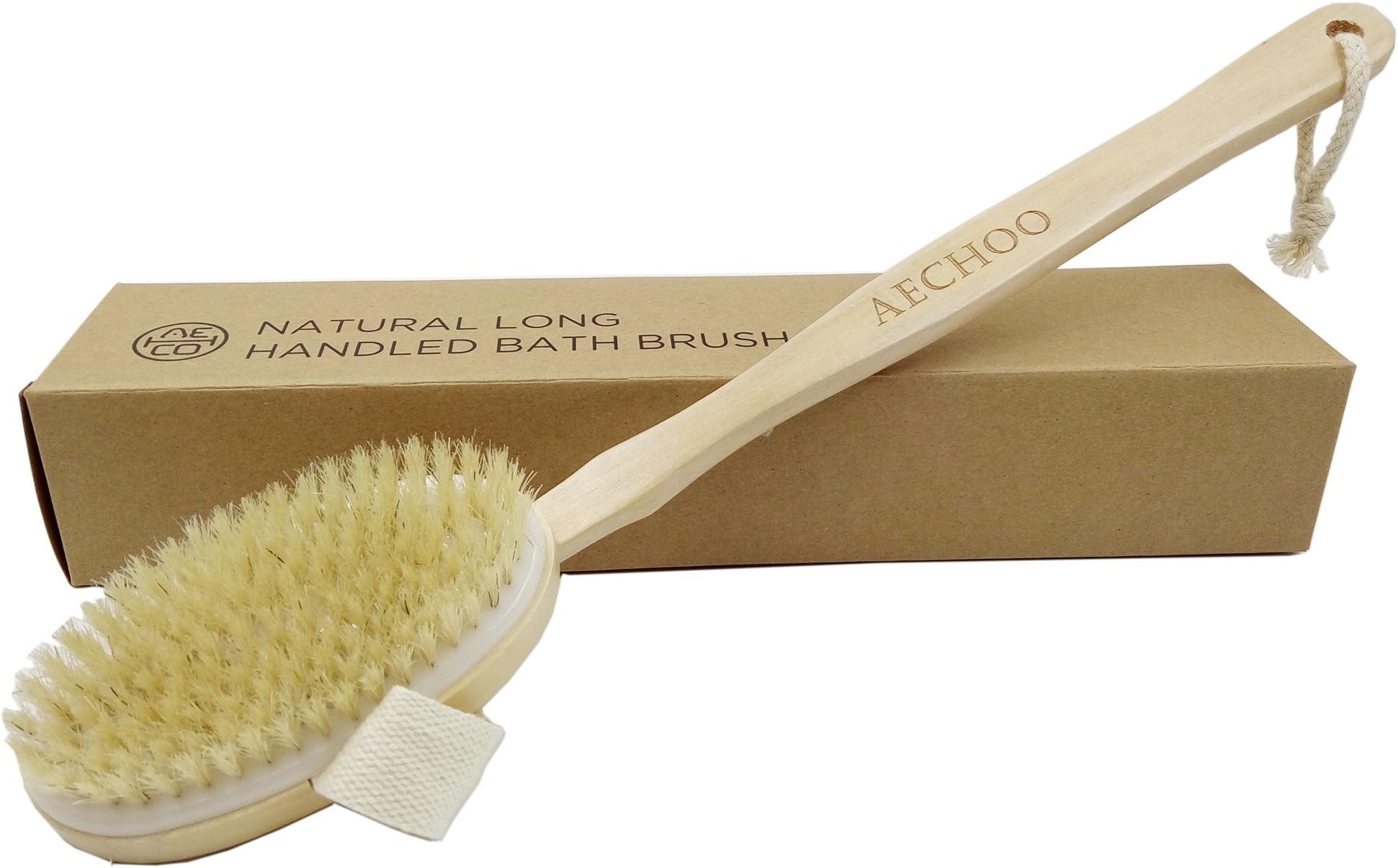 AECHOO Natural Bristles Body Brushes Back Scrubber Wooden Long Handled Bath Brush with Detachable Head for Bath Spa Shower Massage