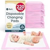 Reli. Disposable Changing Pads for Baby | 220 Pack (13"x18") | Pink Disposable Diaper Changing Pads | Super Absorbent, Leak-Proof Liners | Waterproof (Pink/White)