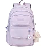PRLINJSK Girls Backpack for College High Middle School Student, Cute Aesthetic Bookbag for Teens Women with Accessories，Purple