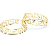 1.25 Inch Greek Key Hollow Cut Out Yellow Gold Plated Hoop Earrings