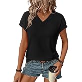 Womens T Shirts V Neck Cap Sleeve Summer Tops Basic Women Blouses Beach Vacation Spring Clothes