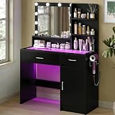 Vanity Desk with Mirror, 10 Lights, 2 Drawers, Power Outlet, Ambient Light | Vanity Mirror with Lights, 3 Lighting Modes Brig