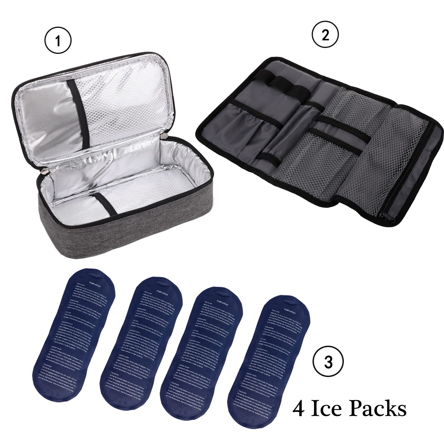 ALLCAMP Insulin Cooler Travel Case Diabetic Medication Cooler with 4 Ice Pack - Medical Cooler Bag Portable and Reusable Grey (9x 4.72x 3.14 inches)