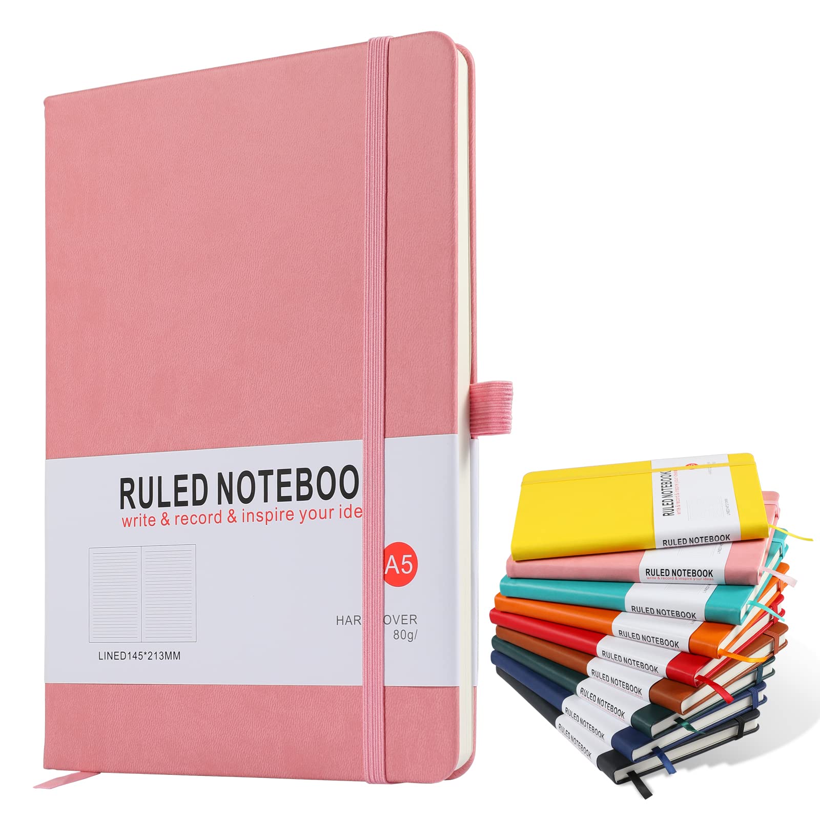 A5 Notebook, Journal Note Pad 200 Pages 80 GSM Journal Notebook Hardback Notepad Composition Notebooks with Lined Pages, Pen Loop and Expandable Paper Pocket, Journal Notepad Note Book- Pink