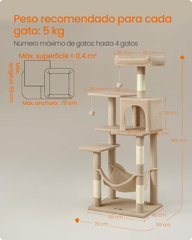Árbol para Gatos, Altura 137,7cm, Multinivel, 4 Postes Rascadores