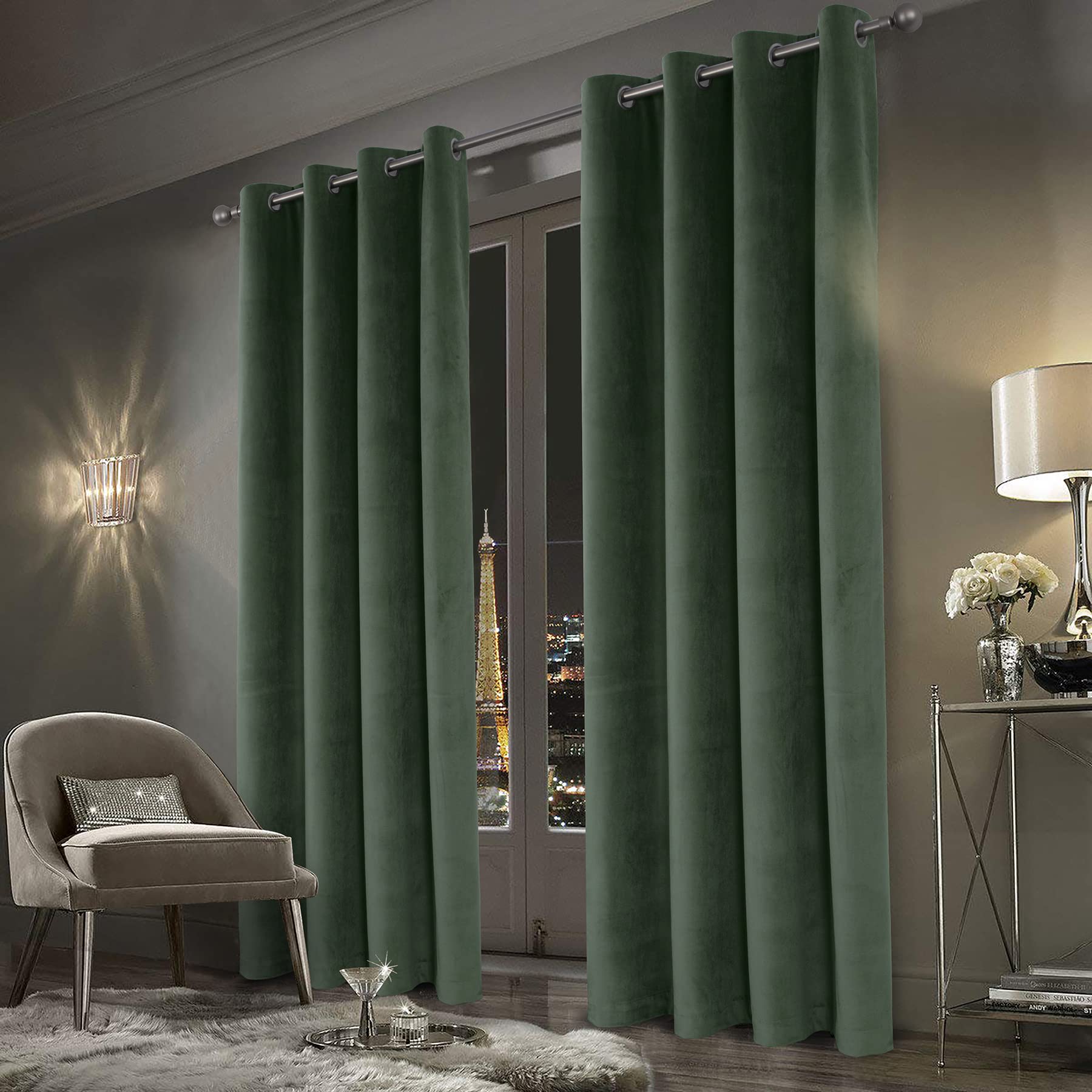 always4u Super Soft Velvet Curtains Sage Green 100% Blackout Curtains 46x54 Inches Eyelet Thermal Insulated Fully Lined Window Treatment for Living Room 1 Pair — image 1