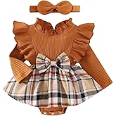 DOMOABEI Baby Girl Clothes Cute Plaid Romper Dress Ruffle Long Sleeve One-piece Jumpsuit Bodysuit with Bow Headband