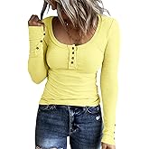 KINLONSAIR Women’s Long Sleeve Henley T Shirts Button Down Slim Fit Tops Scoop Neck Ribbed Knit Shirts