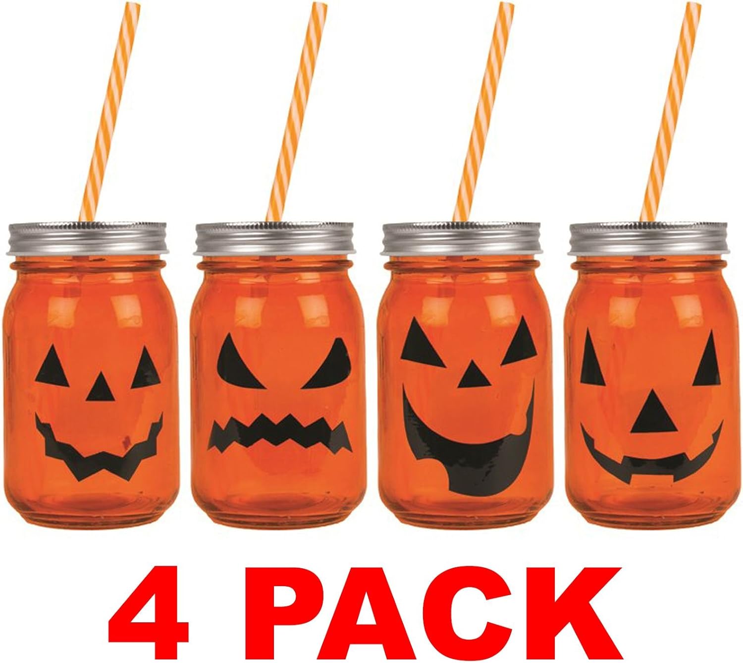 Halloween Orange Pumpkin Drinking Glass Jars With Metal Screw Lid Straw