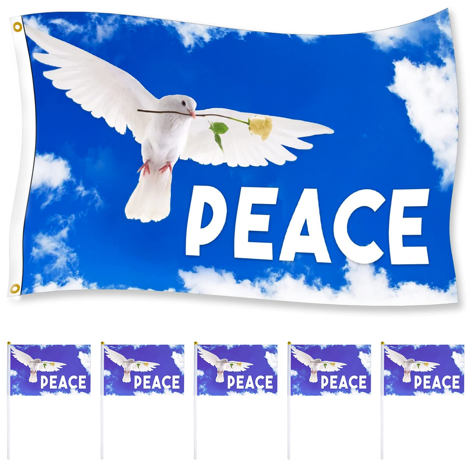 Peace Dove Flag 150 x 90 cm with 5 Pieces Small Peace Flag - Durable Fade Resistant Decorative Flags Outdoor Banner for Indoor Outdoor Decoration