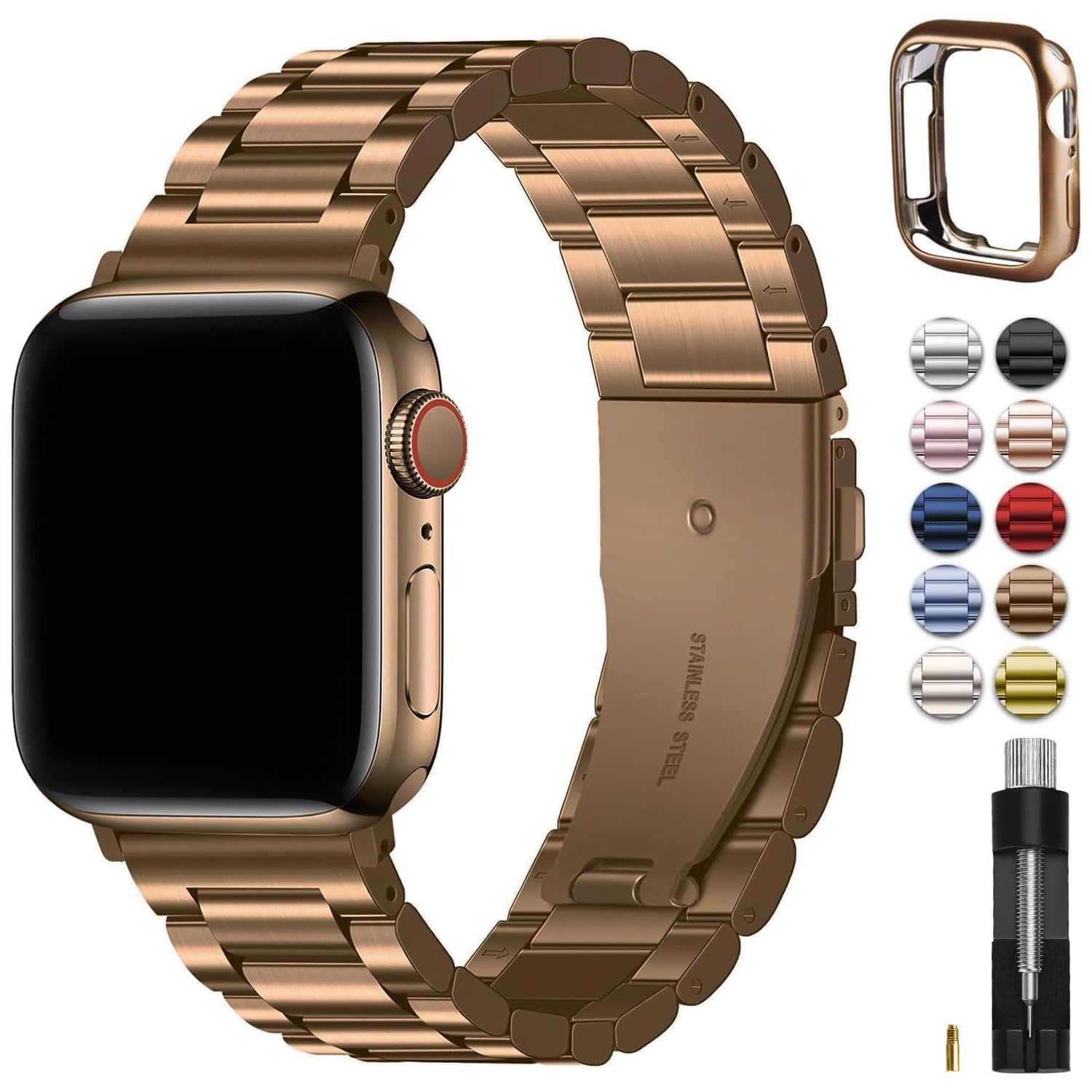 Fullmosa Compatible with Apple Watch Straps 40mm 41mm 38mm, Metal Stainless Steel Replacement Bands for iWatch SE 3 2 1/Series 9/8/7/6/5/4/3/2/1, Gold and Coffee & Protective Case — image 1