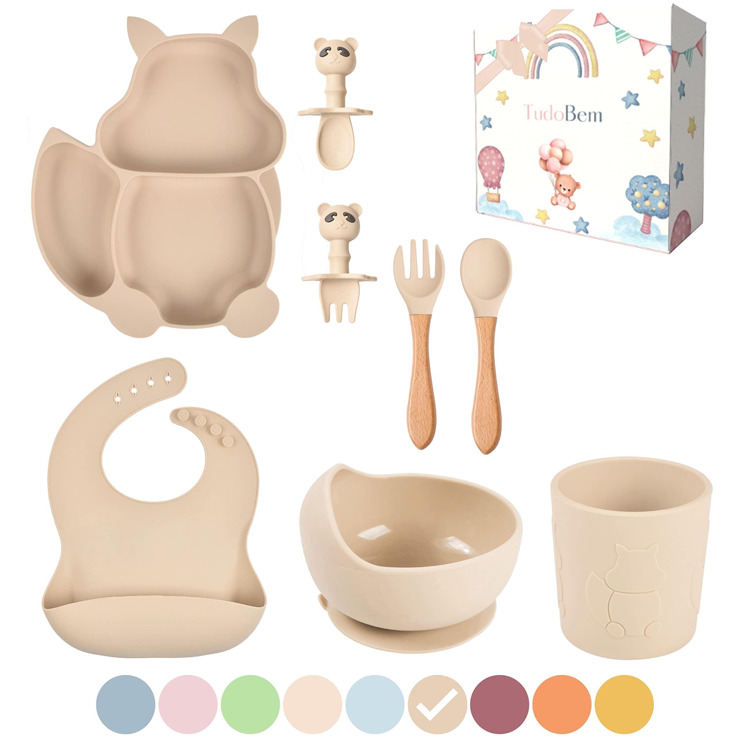 TudoBem Silicone Baby Weaning Set [8 Pieces] – Baby Feeding Set with Suction Plate, Weaning Bib, Baby Bowls, Baby Spoons & Forks, Training Cup – Perfect Newborn Baby Gift & Baby Essentials